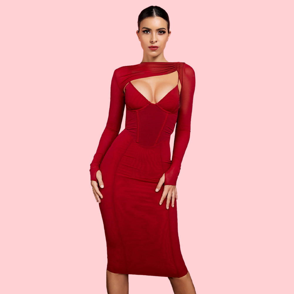 Round Neck Long Sleeve Cut Out Midi Bodycon Dress