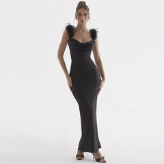 Strappy Sleeveless Feather Maxi Bodycon Dress