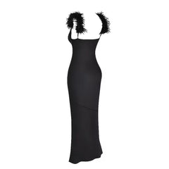 Strappy Sleeveless Feather Maxi Bodycon Dress