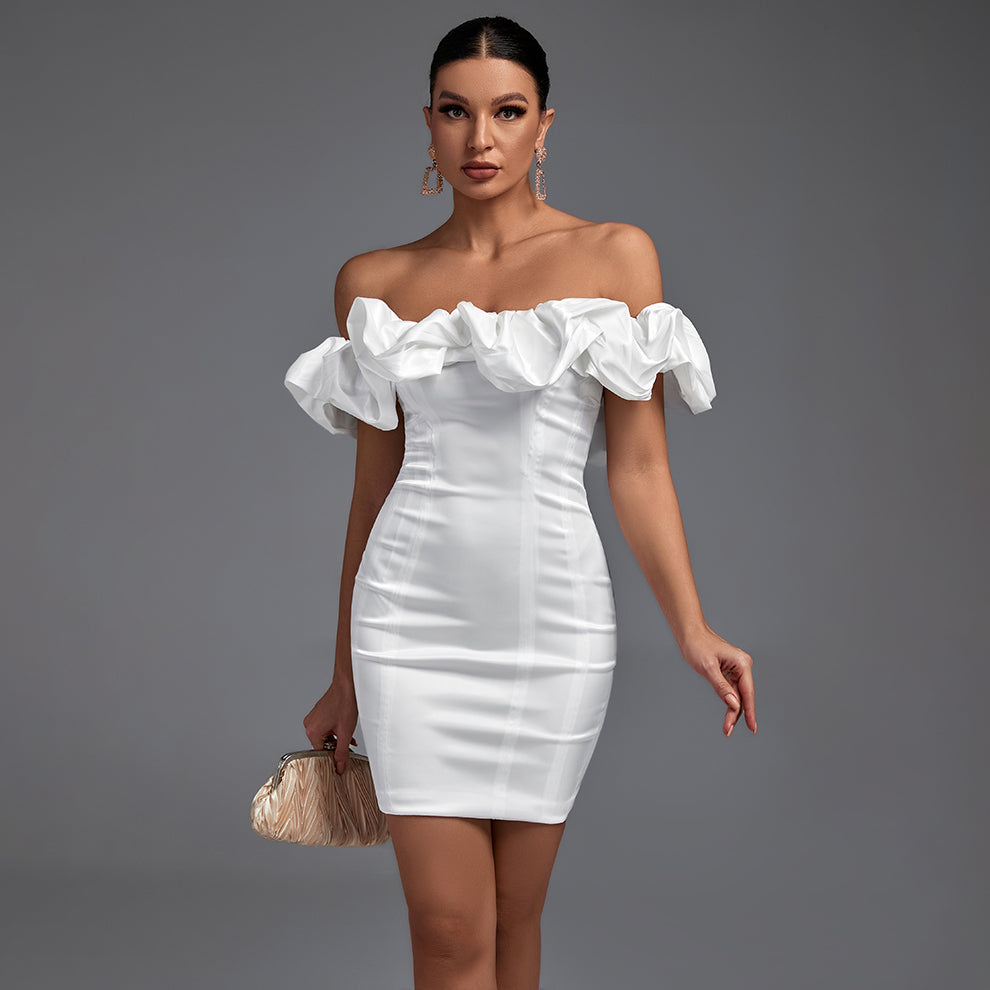 Off Shoulder Short Sleeve Frill Mini Bodycon Dress – Boozora