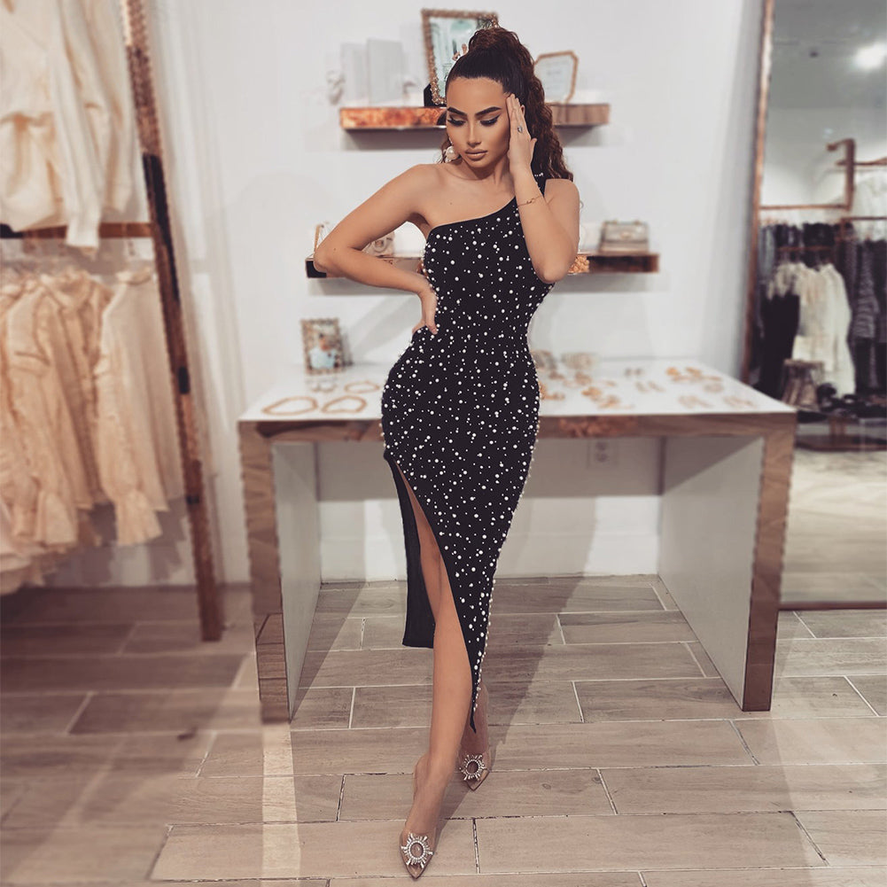 One Shoulder Sleeveless Bubble Beads Over Knee Bandage Dress