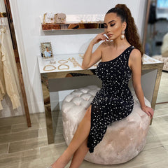 One Shoulder Sleeveless Bubble Beads Over Knee Bandage Dress