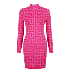 High Neck Long Sleeve Mini Plaid Bandage Dress