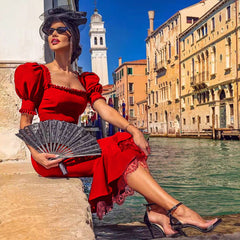 Square Collar Short Sleeve Ruffle Midi Bandage Dress