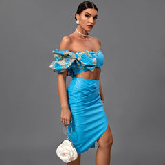 Off Shoulder Short Sleeve Asymmetrical Bodycon Set