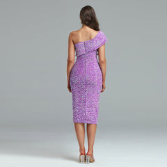 Shoulder Asymmetrical Midi Sequins Dress