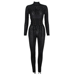 High Neck Long Sleeve Patterned Bodycon Jumpsuit