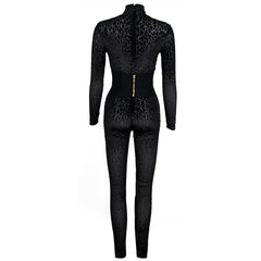 High Neck Long Sleeve Patterned Bodycon Jumpsuit
