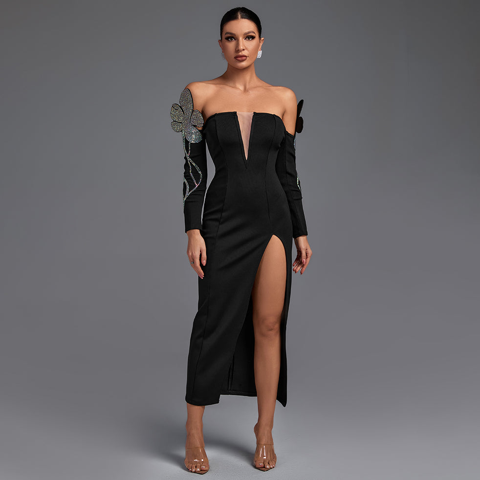 Off Shoulder Long Sleeve Maxi Rhinestone Bandage Dress