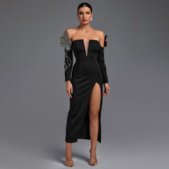Off Shoulder Long Sleeve Maxi Rhinestone Bandage Dress