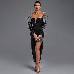 Off Shoulder Long Sleeve Maxi Rhinestone Bandage Dress