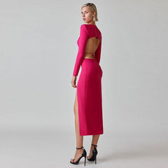 Round Neck Open Waist Midi Bandage Dress