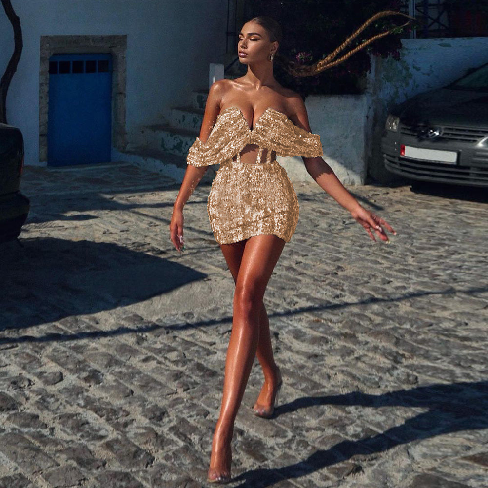 Off Shoulder Short Sleeve Sequined Mini Bodycon Dress