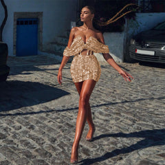 Off Shoulder Short Sleeve Sequined Mini Bodycon Dress