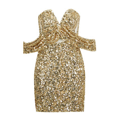 Off Shoulder Short Sleeve Sequined Mini Bodycon Dress