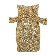 Off Shoulder Short Sleeve Sequined Mini Bodycon Dress
