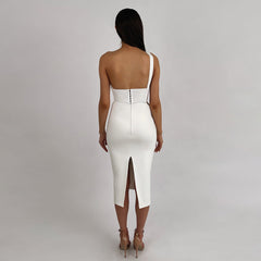One Shoulder Sleeveless Midi Metal Studded Bandage Dress