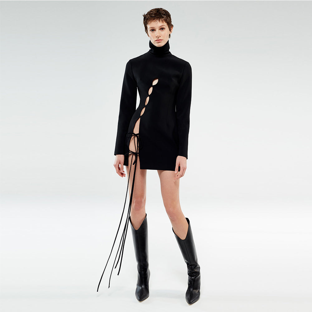 High Neck Long Sleeve Mini Hollow out Bandage Dress