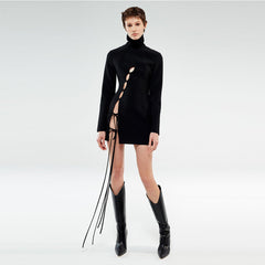 High Neck Long Sleeve Mini Hollow out Bandage Dress