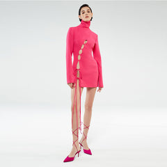 High Neck Long Sleeve Mini Hollow out Bandage Dress