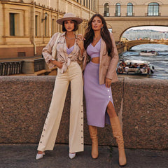 V Neck Long Sleeve Button Bandage Set