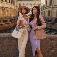 V Neck Long Sleeve Button Bandage Set