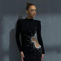 High Neck Long Sleeve Mini Pearl Bandage Dress
