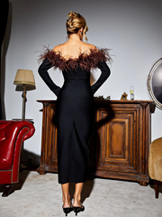 Off Shoulder Feather Trim Midi Bodycon Dress