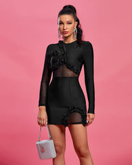 Long Sleeve Petal Mesh Mini Bandage Dress