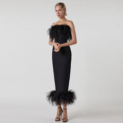 Strapless Sleeveless Maxi Feather Bandage Dress