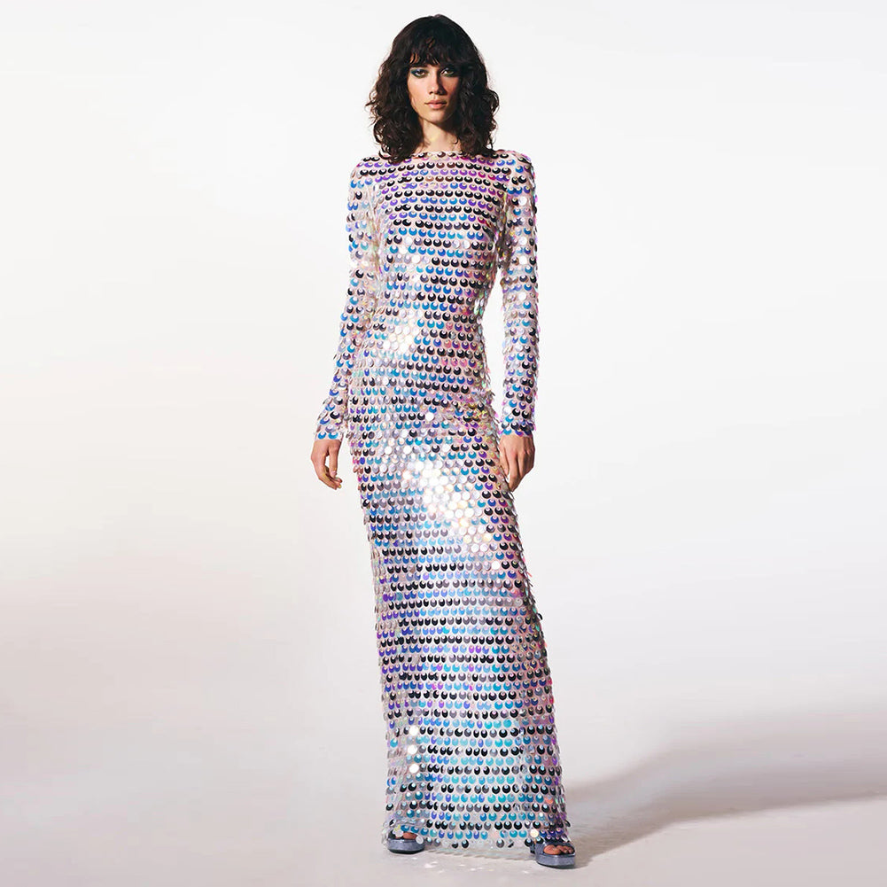 Round Neck Long Sleeve Maxi Sequins Bodycon Dress