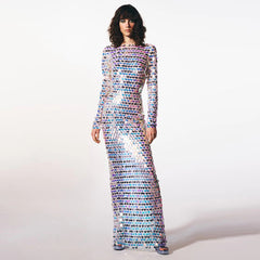 Round Neck Long Sleeve Maxi Sequins Bodycon Dress