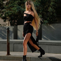 One Shoulder Sleeveless Exposed Waist Bandage Set