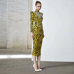 High Neck Long Sleeve Girdle Midi Bodycon Dress