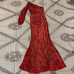 One Shoulder Long Sleeve Asymmetrical Maxi Bodycon Dress