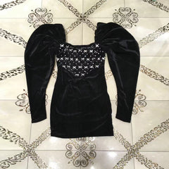 Square Collar Long Sleeve Rhinestone Mini Bodycon Dress