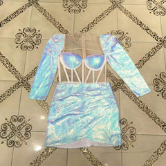 Square Collar Long Sleeve Mesh Mini Bodycon Dress