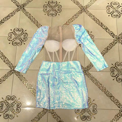 Square Collar Long Sleeve Mesh Mini Bodycon Dress