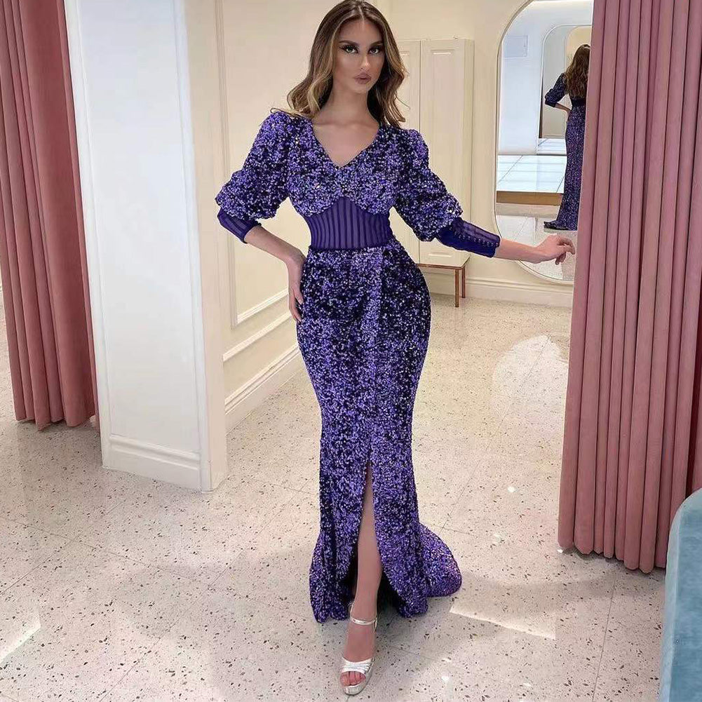 V Neck Long Sleeve Sequined Maxi Bodycon Dress