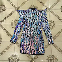 High Neck Long Sleeve Mirrors Crystals Mini Bodycon Dress