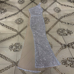 One Shoulder Sleeveless Sequined Maxi Bodycon Dress