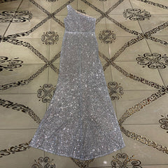 One Shoulder Sleeveless Sequined Maxi Bodycon Dress