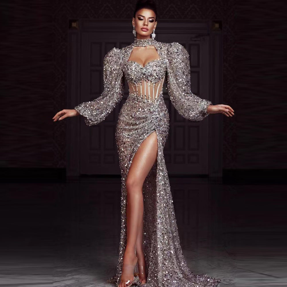 High Neck Long Sleeve Sequined Maxi Bodycon Dress