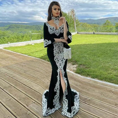 High Neck Mid Sleeve Maxi Embroidered Bodycon Dress