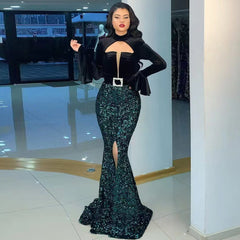 High Neck Long Sleeve Maxi Sequined Bodycon Dress