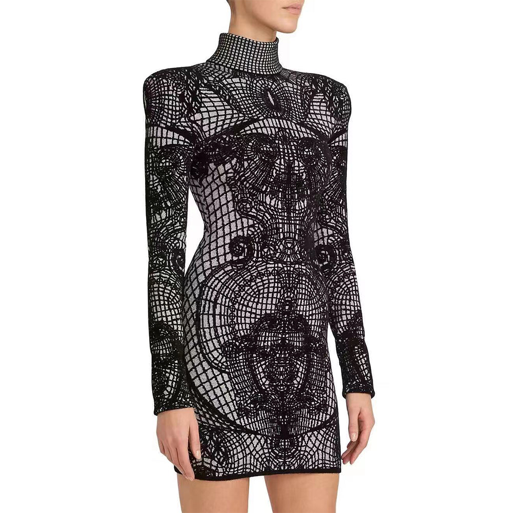 High Neck Long Sleeve Mini Plaid Bodycon Dress