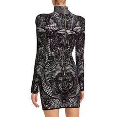 High Neck Long Sleeve Mini Plaid Bodycon Dress