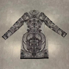 High Neck Long Sleeve Mini Plaid Bodycon Dress