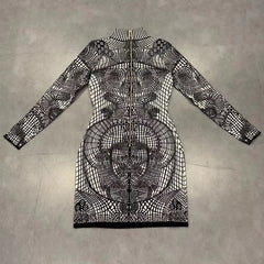 High Neck Long Sleeve Mini Plaid Bodycon Dress