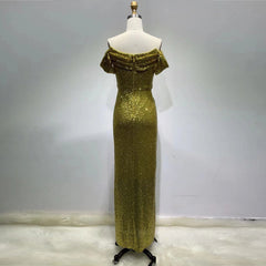 Off Shoulder Short Sleeve Maxi Sequined Bodycon Dress